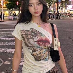 Butterfly Lips Print Off?Shoulder T?shirt