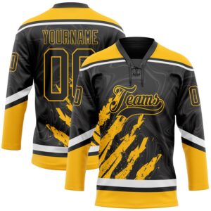 Custom Black Gold-White 3D Splash Art Hockey Lace Neck Jersey