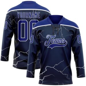 Custom Navy Royal-White 3D Pattern Lightning Hockey Lace Neck Jersey