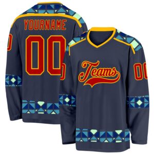 Custom Navy Red Blue Pea Green-Gold 3D Pattern Plaid Hockey Jersey