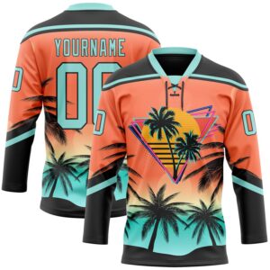 Custom Black Ice Blue-Orange 3D Pattern Gradient Hawaii Tropical Palm Trees Hockey Lace Neck Jersey