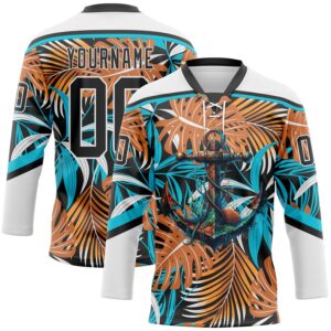 Custom White Black-Lakes Blue 3D Pattern Hawaii Tropical Palm Trees Hockey Lace Neck Jersey