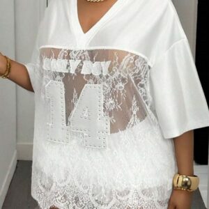 Number Print Loose Street Sheer Lace T-shirt
