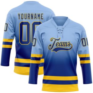 Custom Light Blue Royal-Yellow Fade Fashion Hockey Lace Neck Jersey