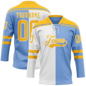 Custom Powder Blue Gold-White Split Fashion Hockey Lace Neck Jersey