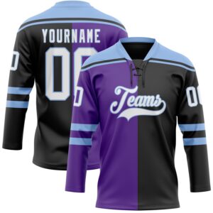 Custom Black White Purple-Light Blue Split Fashion Hockey Lace Neck Jersey